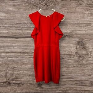 J. Crew Red Pleated Sheath Dress with Flutter Cap Sleeves